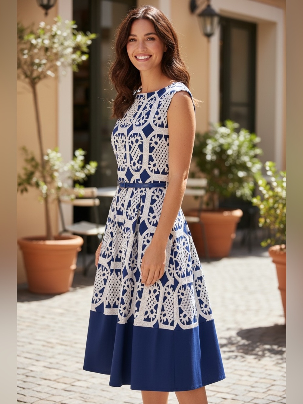 Tiana B. Navy and White Geometric Midi Dress